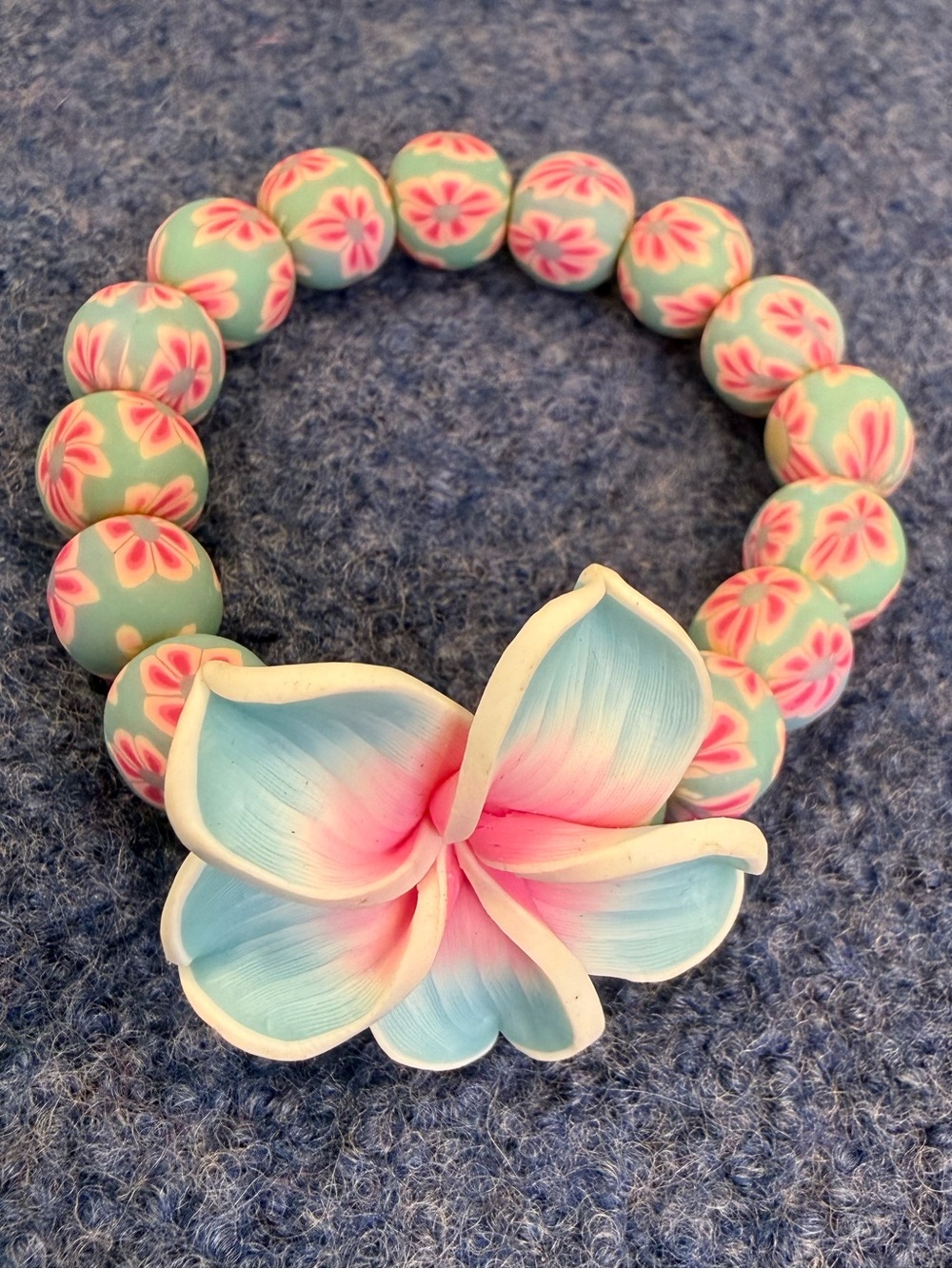 Hawaiian floral charm bead stretch bracelet pink teal blue